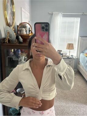 Altar'd State Cream Cropped Button-Front Collared Top